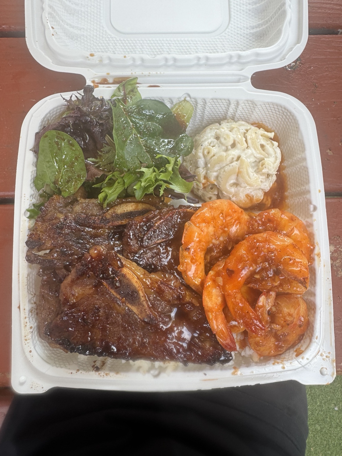 Waikiki Garlic Shack plate with garlic shrimp and Hawaiian barbecue